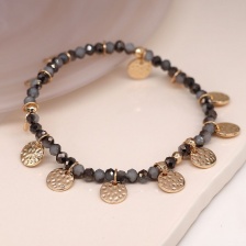 Black Mix Beaded Bracelet with Golden Hammered Discs by Peace of Mind